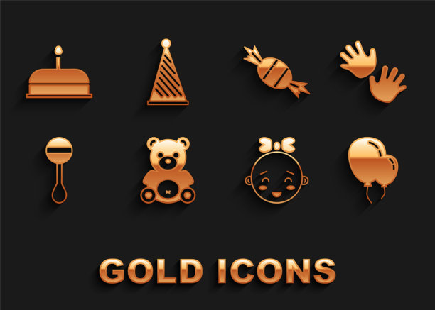 集泰迪熊毛绒玩具，婴儿手印，气球带，快乐的小女孩头，拨浪鼓婴儿，糖果，蛋糕燃烧蜡烛和派对帽子图标。向量图片下载