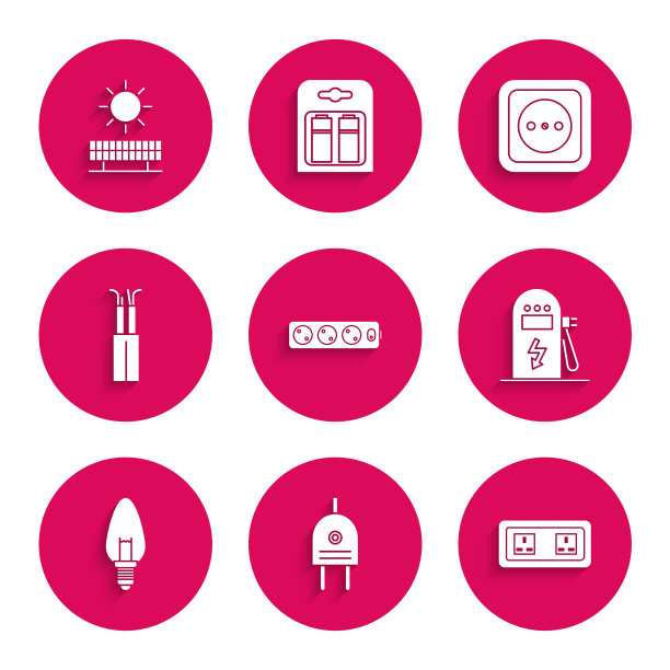 设置延长线，插头，电源插座，汽车充电站，灯泡，电缆，太阳能面板和太阳图标。向量图片下载