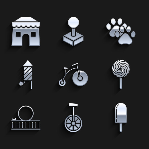 设置古董自行车与一个大轮子和一个小，独轮车或，冰淇淋，棒棒糖，过山车，烟花火箭，爪印和马戏团帐篷图标。向量图片下载