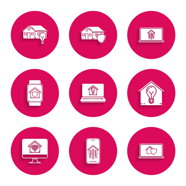 设置笔记本电脑与智能家居和灯泡，手机家居，在保护下，智能，电脑显示器wi-fi，手表，和图标。向量图片下载