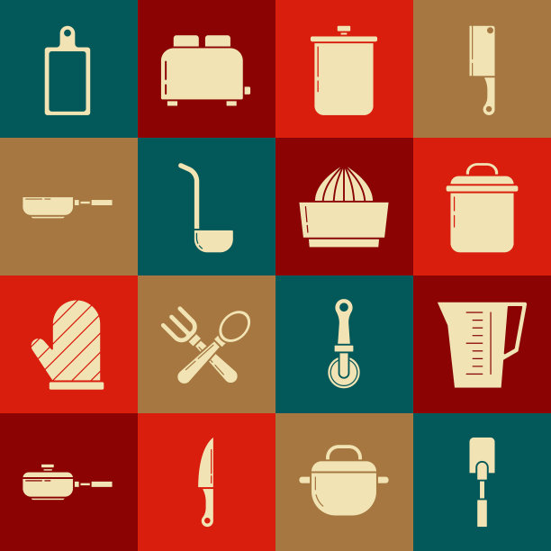 设置锅铲，量杯，烹饪锅，厨房勺子，煎锅，砧板和柑橘果汁机图标。向量图片下载