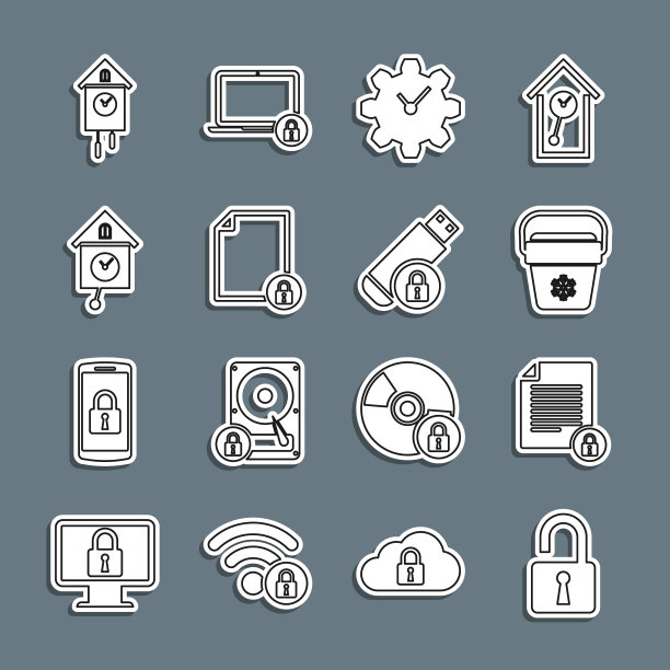 设置线打开挂锁，文件和，冷却器包，时间管理，复古墙表，USB闪存驱动器与图标。向量图片下载