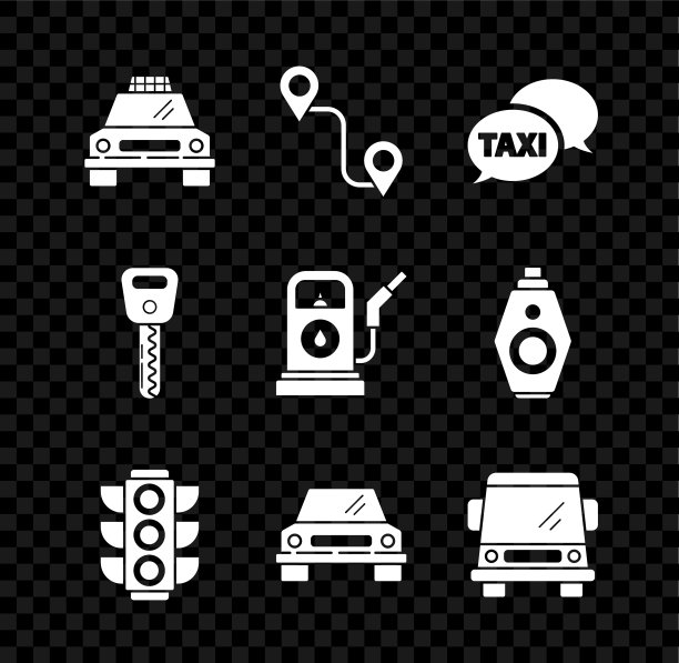 设置出租车，路线位置，呼叫电话服务，交通灯，汽车，钥匙和汽油或加油站图标。向量图片下载