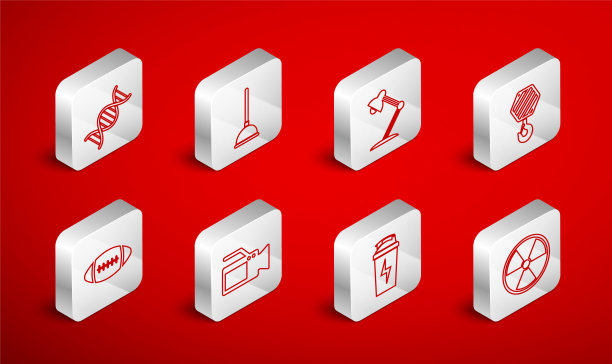 套装线放射性，橡胶柱塞，台灯，工业钩，健身摇瓶，DNA符号，电影院相机和美式足球图标。向量图片下载