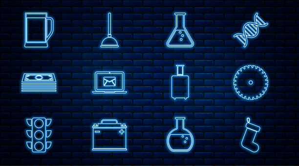 集线圣诞袜，圆锯片，试管和烧瓶，笔记本电脑与信封，叠纸币现金，啤酒的杯子，旅行箱和橡胶柱塞图标。向量图片下载