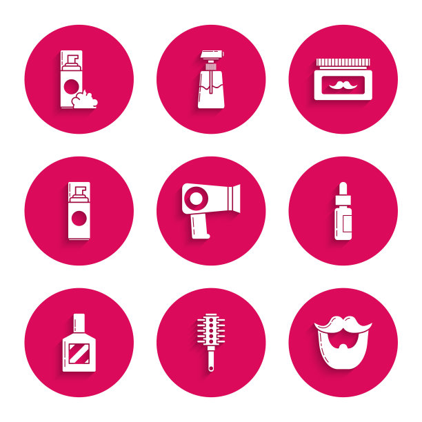 设置吹风机，发刷，胡子和胡子，玻璃瓶移液管，须后水，剃须凝胶泡沫，膏霜或乳液化妆品罐和图标。向量图片下载