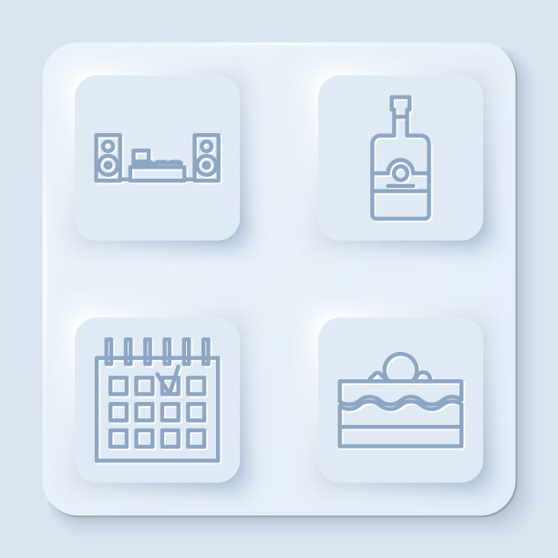 设置线家庭音响与两个扬声器，威士忌瓶，详细的日历和蛋糕。白色方形按钮。向量图片下载