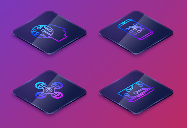 将人脑等距线设置为数字电路板，无人机，手机和图形密码保护和笔记本电脑。蓝色方框按钮。向量图片下载