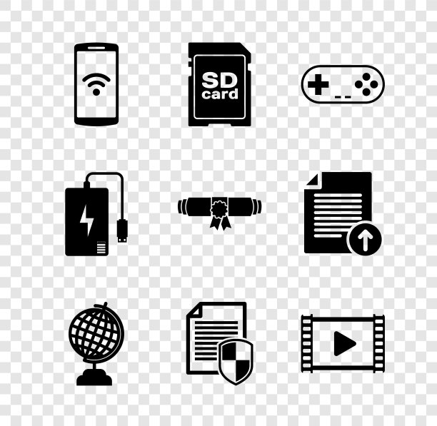 设置智能手机无线，SD卡，手柄，地球仪，文件保护和播放视频图标。向量图片下载