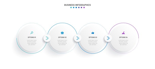 时间轴信息图与信息图表。现代表示模板与4 spets业务流程。网站模板在白色背景的概念现代设计。横向布局。图片下载