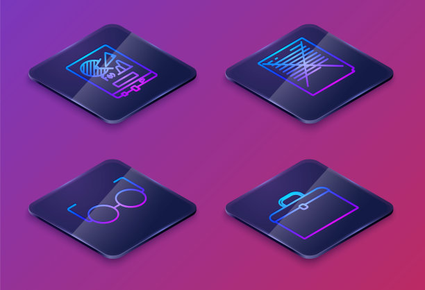 设置等距线板与图表，眼镜，试卷与错误答案调查和公文包。蓝色方框按钮。向量图片下载