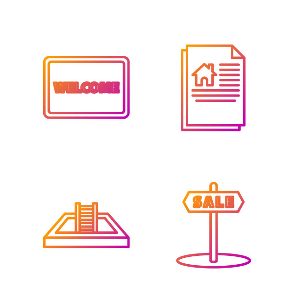 设置线挂签与文字销售，游泳池与梯子，门垫与文字欢迎和房屋合同。渐变颜色图标。向量图片下载