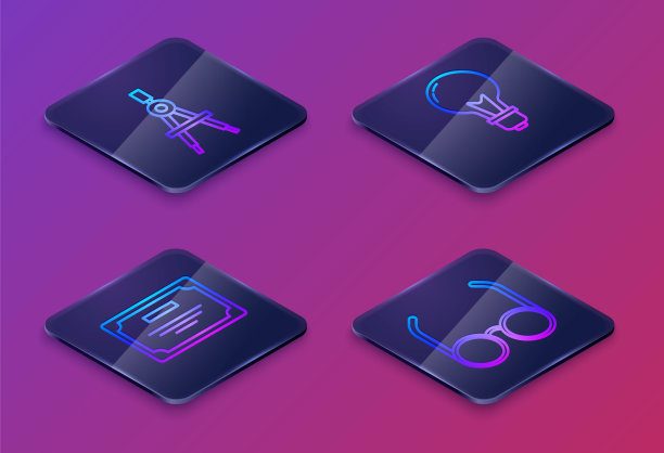 设置等距线绘图指南针，证书模板，概念灯泡和眼镜。蓝色方框按钮。向量图片下载