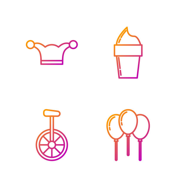 设置线气球带，独轮车或单轮自行车，小丑帽子与铃铛和冰淇淋在华夫蛋筒。渐变颜色图标。向量图片下载
