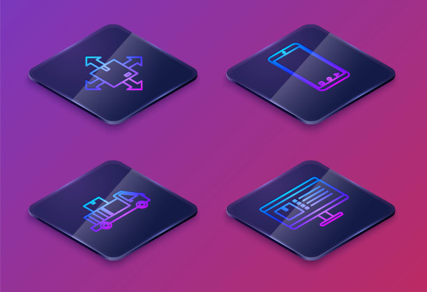 等距线纸箱与交通标志，快递卡车与纸箱，手机与应用程序送货跟踪和计算机监控。蓝色方框按钮。向量图片下载