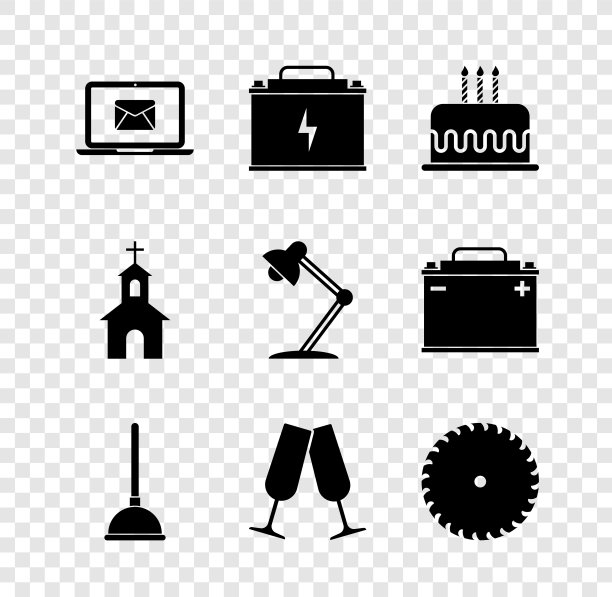 集笔记本电脑与信封，汽车电池，蛋糕燃烧蜡烛，橡胶柱塞，香槟和圆形锯片的图标。向量图片下载