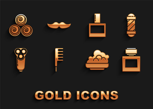 集梳子，经典理发店杆，须后水，剃须凝胶泡沫，电动剃须刀刀片，毛巾卷和胡子图标。向量图片下载