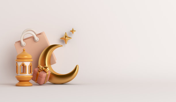 伊斯兰销售装饰背景与灯笼，新月，礼盒，购物袋，斋月卡里姆，mawlid，开斋，isra miraj，开斋节，穆哈拉姆，卡通风格，复制空间，3D插图。图片下载