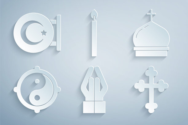 双手呈祈祷姿势，教堂塔，阴阳，十字架，燃烧的蜡烛和星月。向量图片下载