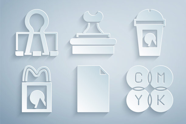 设置空文件，咖啡杯去，纸质购物袋，CMYK调色，邮票和活页夹图标。向量图片下载