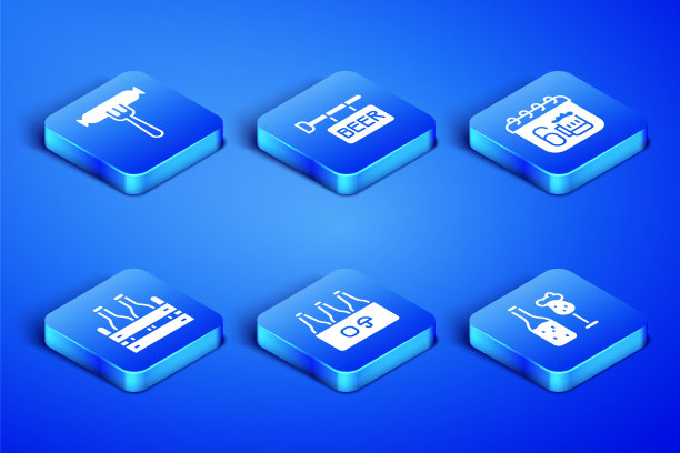 啤酒瓶和玻璃杯，香肠在叉子上，啤酒瓶包，街道招牌和圣帕特里克节日历图标。向量图片下载