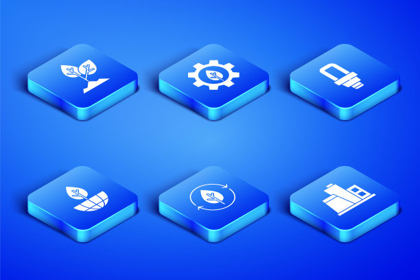 设置工厂，工厂，回收和叶片，地球地球仪工厂，叶片在齿轮机和LED灯泡图标。向量图片下载