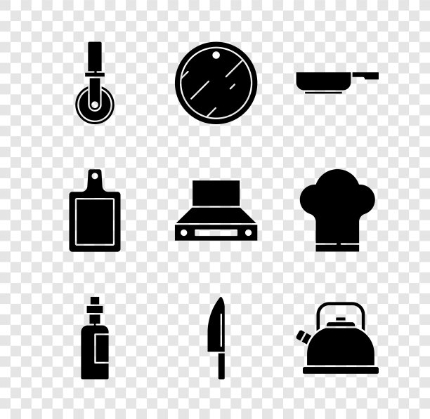 设置披萨刀，切菜板，煎锅，一瓶橄榄油，刀，水壶与处理，和厨房提取风扇图标。向量图片下载