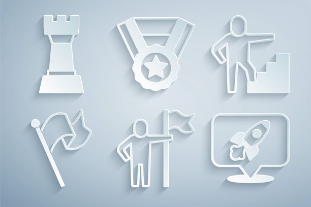 设定人持有旗帜，楼梯完成，旗帜，火箭船，奖章和象棋图标。向量图片下载