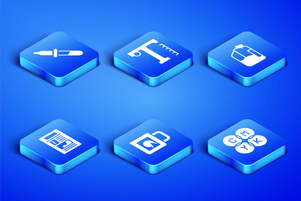 设置CMYK调色，移液管，咖啡杯，新闻，文字和打印机墨水瓶图标。向量图片下载