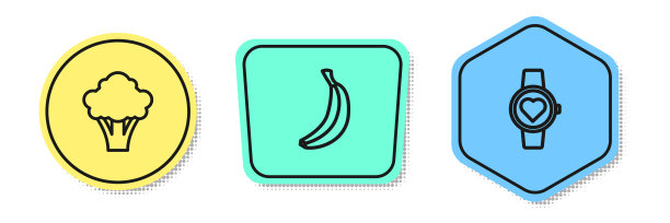 设置线西兰花，香蕉和智能手表。颜色的形状。向量图片下载