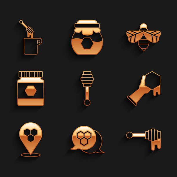 设置蜂蜜勺棒，蜂巢，与蜂蜜，手，蜜蜂位置，罐，蜜蜂和图标。向量图片下载