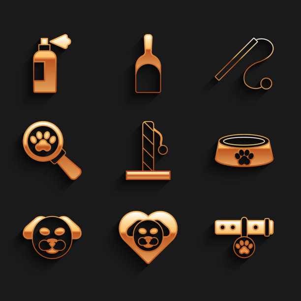 设置猫抓挠柱，心脏与狗，项圈名牌，宠物食品碗，狗，兽医诊所，猫玩具和洗发水图标。向量图片下载