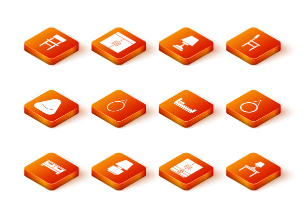 设置抽屉柜，台灯，Pouf，镜子，衣柜，床，在桌子和图标。向量图片下载