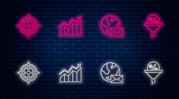 财务增长，全球邮件，目标和领导管理。砖墙上发光的霓虹灯图标。向量图片下载