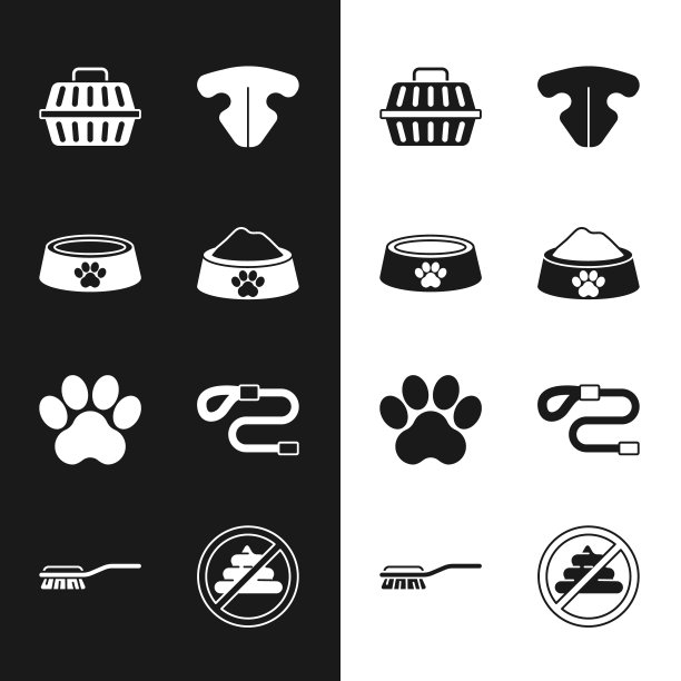 设置宠物食物碗，手提箱，猫鼻子，爪印，可伸缩绳绳绳，没有屎和毛刷狗和猫的图标。向量图片下载