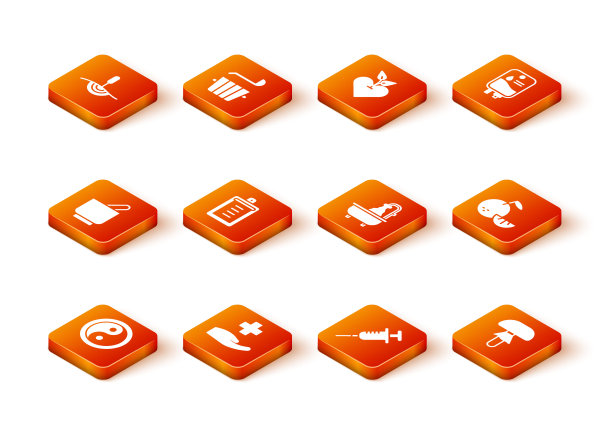 设置阴阳，交叉医院医疗，臼和杵，剪贴板与清单，注射器，浴缸，蘑菇和柑橘类水果图标。向量图片下载