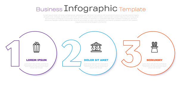 设置线爆米花盒，吸引旋转木马和魔术师帽子和兔子耳朵。业务信息图模板。向量图片下载