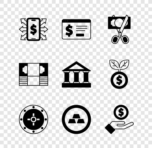 设置智能手机与美元，网上银行，剪刀剪钱，保险箱，金条，赠送手，堆栈纸币和银行建筑图标。向量图片下载