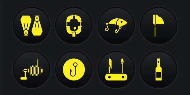 集钓鱼旋转卷轴，渔网，钩，瑞士军刀，诱饵，充气船，瓶伏特加和橡胶脚蹼游泳图标。向量图片下载