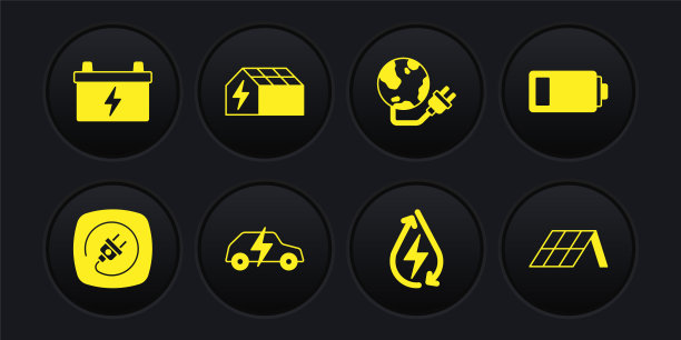 设置电插头，电池，汽车，水能源，全球电力星球，太阳能电池板，汽车电池图标。向量图片下载