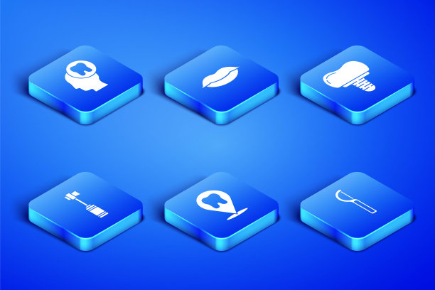 设置牙线，人头与牙齿，诊所位置，牙刷，笑唇和种植图标。向量图片下载