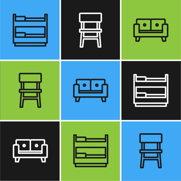 设置线上下铺床，沙发和椅子图标。向量图片下载