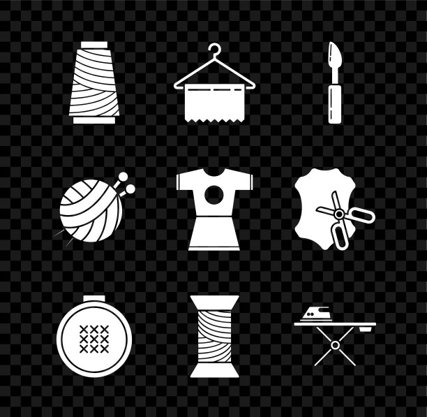 设置线轴上的缝纫线，衣架衣柜，刀具，圆形可调节的刺绣箍，电熨斗和熨衣板，带针织针的纱线球和女装图标。向量图片下载