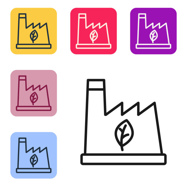 黑线工厂回收垃圾图标孤立在白色背景。设置图标为彩色方框按钮。向量图片下载