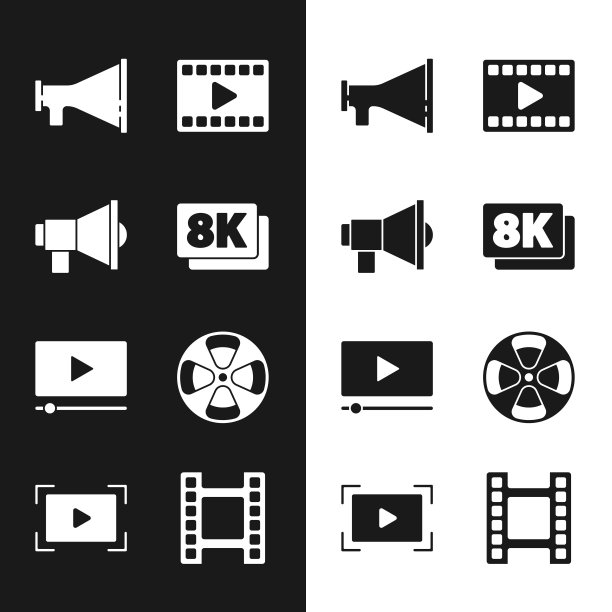 设置8k超高清，扩音器，播放视频，在线播放视频，电影卷轴和图标。向量图片下载
