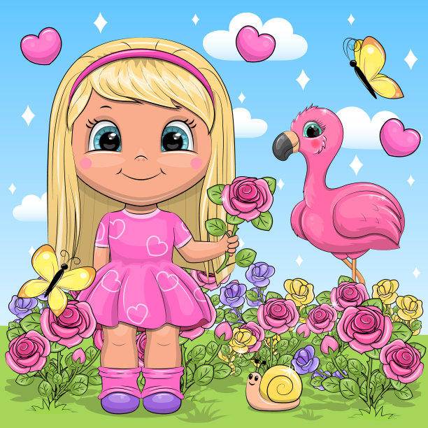 一个可爱的卡通女孩穿着粉红色的连衣裙站在玫瑰园与火烈鸟和蝴蝶。图片下载