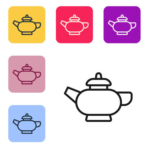 黑线中国传统茶道图标孤立在白色背景上。茶壶和杯子。设置图标为彩色方框按钮。向量图片下载