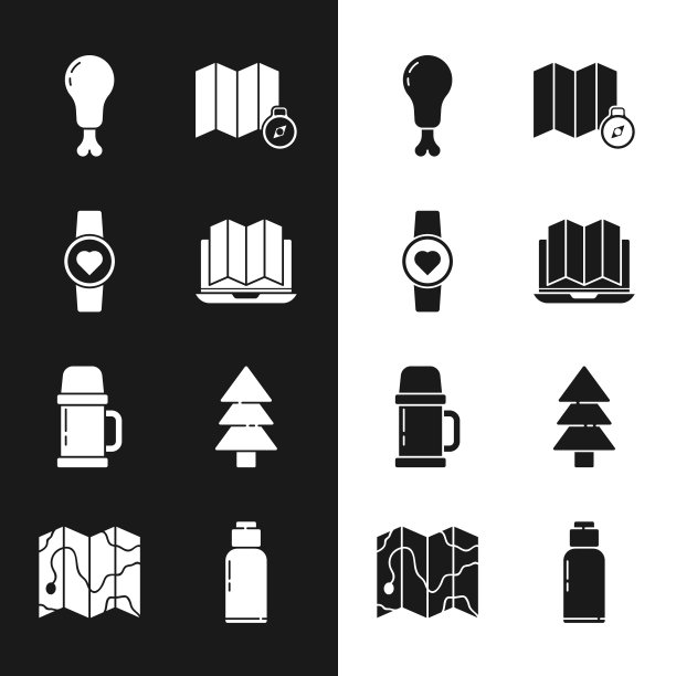 在笔记本电脑中设置森林的位置，智能手表显示心率，鸡腿，地图，保温瓶，树，水壶和图标。向量图片下载