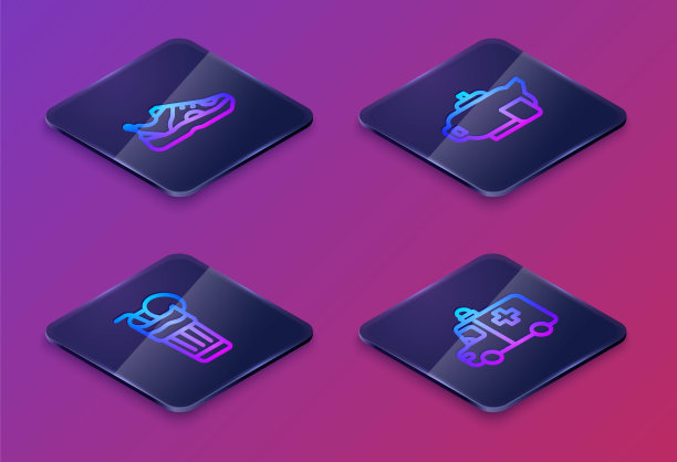 设置等距线运动鞋，新鲜冰沙，茶壶和杯子，救护车和急救车。蓝色方框按钮。向量图片下载