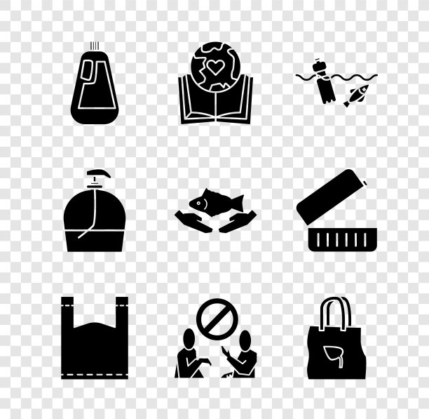 设置瓶为洗洁精，地球地球仪和书，海洋污染问题，塑料袋，停止塑料，购物与回收，肥皂和鱼类护理图标。向量图片下载